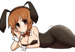 Rule 34 | 10s, 1girl, absurdres, animal ears, black leotard, black pantyhose, bow, bowtie, breast rest, breasts, brown eyes, brown hair, cleavage, closed mouth, collar, covered navel, detached collar, fake animal ears, fake tail, girls und panzer, head rest, highres, leotard, looking at viewer, lying, medium breasts, nishizumi miho, on side, pantyhose, playboy bunny, rabbit ears, rabbit tail, red bow, red bowtie, simple background, smile, solo, strapless, strapless leotard, tail, thighs, white background, white collar, wrist cuffs, yogurt bakudan