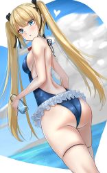 Rule 34 | 1girl, adapted costume, ass, azur lane, black ribbon, blonde hair, blue eyes, blue one-piece swimsuit, blue sky, bottle, cloud, commentary request, day, dead or alive, dutch angle, frilled swimsuit, frills, from behind, hair ribbon, highres, horizon, long hair, looking at viewer, looking back, marie rose, marumai, ocean, one-piece swimsuit, outdoors, ribbon, sky, solo, standing, swimsuit, twintails, water
