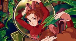 Rule 34 | 1girl, arrietty, brown eyes, brown hair, clothes pin, derivative work, dress, fumisketchies, karigurashi no arrietty, leaf, long hair, long sleeves, looking at mirror, mirror, ponytail, red dress, screenshot redraw, smile, solo