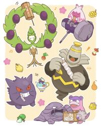 Rule 34 | !, +++, animal focus, apple, arboliva, berry (pokemon), black eyes, border, closed eyes, closed mouth, colored sclera, colored skin, commentary request, creatures (company), dusknoir, floating, flower, food, fruit, galarian slowbro, game freak, gen 1 pokemon, gen 4 pokemon, gen 8 pokemon, gengar, grin, hammer, heart, highres, leppa berry, muk, musical note, nintendo, no humans, oawa oo, olive, one-eyed, pink skin, pokemon, pokemon (creature), polteageist, purple skin, red eyes, red sclera, rocky helmet (pokemon), shell, smile, teeth, tinkaton, white border, white skin