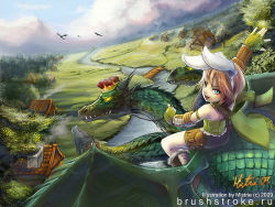 Rule 34 | 1girl, animal ears, blue eyes, blue sky, boots, bridge, brown footwear, brown hair, cloud, commentary, crown, dated, day, dragon, dragon riding, ekaterina orange, english commentary, fake animal ears, fingerless gloves, full body, gloves, gopinch, green gloves, green scarf, green tube top, house, in-universe location, landscape, looking at viewer, multiple heads, open mouth, outdoors, photoshop (medium), pouch, rabbit ears, ragnarok online, ranger (ragnarok online), reins, riding, river, scarf, short hair, signature, sky, smile, strapless, tree, tube top, water, watermark, web address