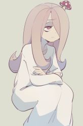 Rule 34 | 1girl, collarbone, crossed arms, highres, invisible chair, little witch academia, long sleeves, mushroom, pastel colors, simple background, sitting, solo, sucy manbavaran, tama (tm suac)