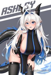 Rule 34 | 1girl, blue eyes, blue hair, blush, breasts, chinese clothes, dragon girl, dragon tail, earrings, hand on own hip, highres, horns, jewelry, large breasts, leaning forward, long hair, looking at viewer, original, pointy ears, solo, tail, thighhighs, underwear, white hair, yolo generations