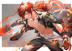 Rule 34 | 1boy, abs, angry, black jacket, black pants, clenched teeth, diluc (genshin impact), fire, fur trim, genshin impact, gloves, hair between eyes, hair over one eye, highres, hiiro (coinxtossxdive), holding, holding sword, holding weapon, jacket, long hair, long sleeves, male focus, muscular, muscular male, open clothes, open jacket, pants, pectorals, ponytail, red eyes, red hair, scar, scar on arm, scar on chest, shirt, solo, sword, teeth, torn clothes, torn jacket, torn shirt, vision (genshin impact), weapon