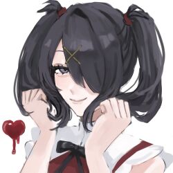 Rule 34 | 1girl, ame-chan (needy girl overdose), black eyes, black hair, black ribbon, closed mouth, collared shirt, hair ornament, hair over one eye, hair tie, hands in hair, hands up, heart, highres, holding, holding own hair, long hair, looking at viewer, neck ribbon, needy girl overdose, red shirt, ribbon, sanmanako, shirt, simple background, smile, solo, twintails, upper body, white background, x hair ornament