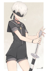 Rule 34 | 1boy, adapted costume, ascot, black necktie, black serafuku, black shirt, black shorts, blindfold, blush, choker, collarbone, commentary, covered eyes, cowboy shot, dan (kumadan), dated, embarrassed, hand on hilt, highres, holding, holding sword, holding weapon, legs apart, male focus, necktie, nier:automata, nier (series), open mouth, revision, sailor collar, school uniform, serafuku, shirt, short shorts, short sleeves, shorts, signature, silver hair, sleeve cuffs, sword, weapon, wristband, 9s (nier:automata)