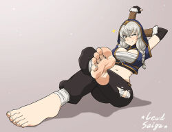 Rule 34 | 1girl, arms up, bandaged leg, bandages, barefoot, black pants, braid, breasts, commentary, commission, crossed legs, english commentary, feet, foot focus, foreshortening, full body, grey background, grey hair, hair between eyes, hood, hood up, large breasts, leaning back, legs, lewdsaiga, long hair, looking at viewer, midriff, navel, one eye closed, original, pants, plantar flexion, shadow, sidelocks, signature, sitting, soles, solo, stretching, toenails, toes, twin braids