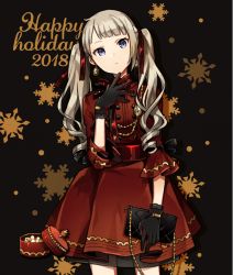 Rule 34 | 1girl, 2018, :&lt;, bag, black background, black gloves, black ribbon, blonde hair, box, buttons, buzz (moi), cowboy shot, double-breasted, dress, earrings, gloves, hair ribbon, hand on own chin, handbag, happy holidays, holding, holding bag, jewelry, long hair, looking at viewer, necklace, original, purple eyes, red dress, red ribbon, ribbon, sleeves past elbows, snowflake background, solo, twintails
