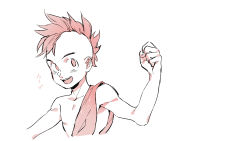 Rule 34 | 1boy, :d, bad id, bad pixiv id, character name, clenched hand, dragon ball, dragonball z, fingernails, happy, highres, male focus, mohawk, monochrome, open mouth, pectorals, rosie leelan, simple background, smile, solo, translated, upper body, uub, white background