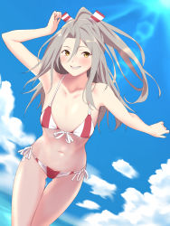 Rule 34 | 1girl, bikini, blue sky, cloud, collarbone, commentary request, cowboy shot, day, dutch angle, flat chest, grin, hachimaki, headband, high ponytail, highres, kantai collection, long hair, looking at viewer, ocean, outdoors, outstretched arms, shingyou (alexander-13), side-tie bikini bottom, sky, smile, solo, striped bikini, striped clothes, swimsuit, zuihou (kancolle)