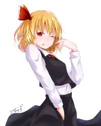 Rule 34 | 1girl, ;p, baileys (tranquillity650), black skirt, blonde hair, hair ribbon, highres, long hair, long sleeves, looking at viewer, one eye closed, red eyes, red ribbon, ribbon, rumia, short hair, signature, simple background, skirt, slit pupils, solo, tongue, tongue out, touhou, white background