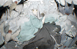 Rule 34 | 1girl, aiming, aiming at viewer, animal ear fluff, animal ears, bird, black kimono, branch, closed mouth, fishofthelakes, floating clothes, floating hair, grey hair, haori, highres, holding, holding sword, holding weapon, japanese clothes, kimono, long hair, looking at viewer, original, short eyebrows, solo, sword, thick eyebrows, weapon, yellow eyes
