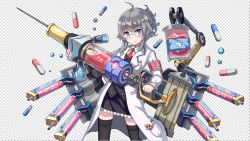 Rule 34 | 1girl, armband, black thighhighs, blue eyes, blush, character request, closed mouth, copyright request, glasses, grey hair, jpeg artifacts, lab coat, long sleeves, looking at viewer, pill, qihai lunpo, short hair, solo, syringe, thighhighs