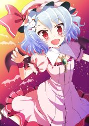 Rule 34 | 1girl, bat wings, blue hair, rabbit, dress, female focus, hat, highres, jewelry, koinohito, open mouth, pendant, purple hair, red eyes, remilia scarlet, short hair, solo, star (symbol), torisuke (koinohito), touhou, wings, wristband