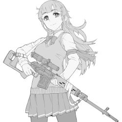 Rule 34 | 1girl, armband, bow, bowtie, bright pupils, closed mouth, collared shirt, commentary request, cowboy shot, dragunov svd, greyscale, gun, hair ornament, hairclip, highres, holding, holding gun, holding weapon, itou (onsoku tassha), long sleeves, looking at viewer, monochrome, original, pantyhose, pleated skirt, rifle, shirt, simple background, skirt, smile, sniper rifle, solo, standing, weapon, white background, wing collar