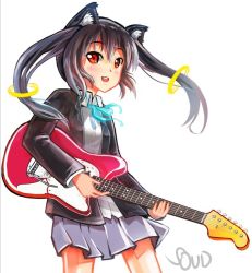Rule 34 | 1girl, animal ears, bad id, bad pixiv id, black hair, blush, cat ears, cosplay, electric guitar, flat chest, guitar, instrument, jiaoshouxingfa, k-on!, kyubey, kyubey (cosplay), long hair, mahou shoujo madoka magica, mahou shoujo madoka magica (anime), nakano azusa, open mouth, red eyes, school uniform, simple background, skirt, smile, solo, twintails, white background