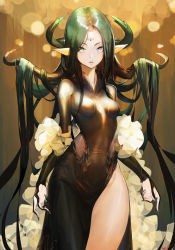 Rule 34 | 1girl, bamuth, black dress, blue eyes, breasts, brown background, dress, fingernails, green hair, green nails, highres, horns, long fingernails, long hair, looking at viewer, multiple horns, nail polish, original, parted bangs, parted lips, pointy ears, side slit, signature, small breasts, solo, standing, v-shaped eyebrows, very long hair
