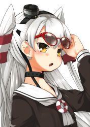 Rule 34 | 1girl, amatsukaze (kancolle), bespectacled, blush, brown dress, brown eyes, choker, dress, fang, glasses, hair tubes, hairband, highres, innertube, kantai collection, long hair, long sleeves, looking at viewer, nassukun, open mouth, red-framed eyewear, sailor collar, sailor dress, silver hair, simple background, solo, swim ring, two side up, upper body, white background