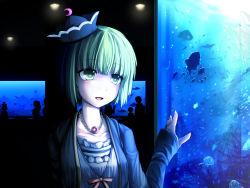 Rule 34 | 1girl, alternate costume, aquarium, blonde hair, blush, character request, collarbone, crescent, female focus, fish, frills, green eyes, green hair, hat, highres, jewelry, kazetto, long sleeves, lunasa prismriver, lyrica prismriver, necklace, open mouth, silhouette, smile, solo focus, squid, touhou, wallpaper, water