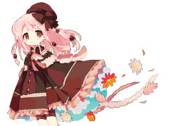 Rule 34 | 1girl, brown eyes, brown hat, brown ribbon, buttons, closed mouth, double exposure, flower, frills, hat, magia record: mahou shoujo madoka magica gaiden, magical girl, mahou shoujo madoka magica, momomotsu, orange flower, pink flower, pink hair, pink ribbon, ribbon, smile, solo, tamaki ui, white background