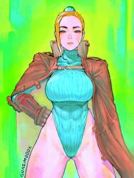 Rule 34 | 1girl, alternate breast size, blonde hair, blue eyes, breasts, brown cape, cammy white, cape, collarbone, covered abs, cowboy shot, facial scar, facing viewer, fingerless gloves, forehead, garrison cap, gloves, green leotard, hand on own hip, hat, heattech leotard, highleg, highleg leotard, highres, large breasts, leather, leotard, lips, mismatched eyebrows, popped collar, quasimodox, ribbed leotard, scar, scar on cheek, scar on face, short hair, solo, standing, street fighter, street fighter zero (series), thighs, turtleneck, vambraces