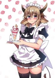 Rule 34 | 1boy, absurdres, apron, arknights, bison (arknights), blush, brown hair, cow horns, crossdressing, cup, dress, drinking glass, food, highres, hinghoi, horns, ice cream, maid, maid apron, male focus, purple eyes, solo, standing, strawberry background, sundae, sweatdrop, thighhighs, thighs, trap, tray