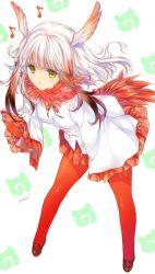Rule 34 | 10s, 1girl, artist name, blunt bangs, frilled sleeves, frills, gloves, head wings, japanese crested ibis (kemono friends), japari symbol, kemono friends, long sleeves, looking at viewer, min-naraken, multicolored hair, musical note, open mouth, pantyhose, pleated skirt, quaver, red gloves, red hair, red pantyhose, shirt, sidelocks, signature, skirt, solo, two-tone hair, white hair, white shirt, wide sleeves, wings, yellow eyes