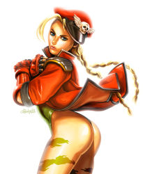 Rule 34 | 1girl, ahoge, alternate costume, antenna hair, ass, benjamin ang, blonde hair, blue eyes, braid, cammy white, capcom, cosplay, fingerless gloves, from side, garrison cap, gloves, hat, jacket, leotard, long hair, looking at viewer, m. bison, m bison (cosplay), scar, simple background, solo, street fighter, street fighter iv (series), thong leotard, twin braids, white background