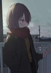 Rule 34 | 1girl, absurdres, black hair, building, cigarette, hair over one eye, hand in own hair, highres, jacket, long hair, oissu tiwassu, open mouth, original, outdoors, purple eyes, scarf, solo, sweat, utility pole
