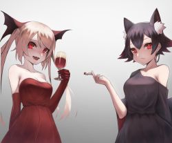 Rule 34 | 2girls, :d, alcohol, animal ear fluff, animal ears, bare shoulders, black dress, black hair, blonde hair, breasts, cat ears, cigarette, cleavage, closed mouth, collarbone, cup, dress, drinking glass, earrings, fang, fang out, gradient background, grey background, hair between eyes, highres, holding, holding cup, hoop earrings, jewelry, long hair, looking at viewer, medium breasts, miyama (tokiwairo8), multicolored hair, multiple girls, open mouth, original, red dress, red eyes, red hair, smile, strapless, strapless dress, streaked hair, twintails, very long hair, wine, wine glass