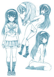 Rule 34 | 1girl, ass, back, bbb (friskuser), blouse, blue theme, bra, covering breasts, covering privates, expressionless, expressions, flying sweatdrops, frown, girls und panzer, hairband, heel up, highres, leaning forward, light frown, loafers, long hair, long sleeves, miniskirt, monochrome, multiple views, neckerchief, no shoes, ooarai school uniform, open mouth, panties, parted lips, pleated skirt, reizei mako, sailor collar, school uniform, serafuku, shirt, shoes, sitting, skirt, socks, topless, underwear, underwear only, wariza