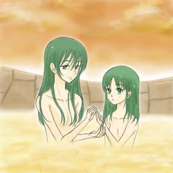 Rule 34 | 00s, 2girls, age difference, bath, bracelet, erin, green eyes, green hair, jewelry, kemono no souja erin, long hair, lowres, mother and daughter, multiple girls, nude, onsen, sky, soyon (kemono no souja erin), wet, wet hair