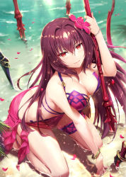 Rule 34 | 1girl, bikini, blush, bracelet, breasts, butt crack, cleavage, collarbone, day, fate/grand order, fate (series), flower, gabiran, gae bolg (fate), hair between eyes, hair flower, hair ornament, hibiscus, holding, jewelry, kneeling, large breasts, long hair, looking at viewer, navel, open mouth, partially submerged, polearm, purple bikini, purple hair, red eyes, scathach (fate), scathach (fate/grand order), scathach (swimsuit assassin) (fate), smile, solo, spear, swimsuit, very long hair, weapon, wet