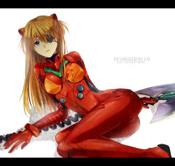Rule 34 | 10s, 1girl, ass, blue eyes, blush, breasts, evangelion: 3.0 you can (not) redo, eyepatch, hair ornament, legs, letterboxed, long hair, long legs, looking at viewer, neon genesis evangelion, orange hair, plugsuit, rebuild of evangelion, solo, souryuu asuka langley, thighs, twintails, washi (micino)