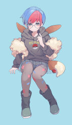 Rule 34 | 1girl, absurdres, arm support, backpack, bag, blue hair, blush, boots, brown bag, closed mouth, commentary, creatures (company), game freak, glasses, green background, grey eyes, hand up, highres, hood, hood down, hoodie, invisible chair, looking at viewer, nintendo, pantyhose, penny (pokemon), poke ball, poke ball (basic), poke ball print, pokemon, pokemon sv, red hair, round eyewear, see-through, see-through skirt, short hair, shorts, shorts under skirt, sitting, skirt, solo, valentine (02140314c)