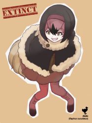 Rule 34 | 10s, 1girl, :d, bent over, bird tail, black hair, bob cut, boots, brown background, brown shirt, brown skirt, buttons, character name, dodo (bird), dodo (kemono friends), empty eyes, eyelashes, feathers, full body, fur collar, fur trim, hair between eyes, highres, kemono friends, leaning forward, looking away, meimushi, miniskirt, multicolored hair, open mouth, outline, pantyhose, pigeon-toed, pink footwear, pink hair, pink pantyhose, poncho, red pantyhose, shirt, short hair, simple background, skirt, smile, solo, standing, tail, teeth, tongue, two-tone hair, white outline, yellow eyes