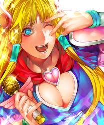 Rule 34 | 00s, 1girl, ;d, blonde hair, blue eyes, bobobo-bo bo-bobo, breasts, cape, cleavage, denbo, dutch angle, eyelashes, female focus, hair ornament, hair tubes, heart, highres, holding, holding microphone, irohara mitabi, large breasts, long hair, looking at viewer, magical girl, microphone, one eye closed, open mouth, short sleeves, simple background, smile, solo, sparkle, teeth, upper body, v, white background, wink