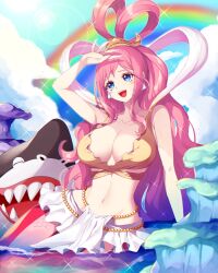 Rule 34 | 1girl, ^ ^, arm up, bikini, blue eyes, blush stickers, breasts, cleavage, closed eyes, commentary request, crazy otama, earrings, fish hair ornament, giant, giantess, hagoromo, hair ornament, half updo, highres, jewelry, large breasts, long hair, looking ahead, megalo, mermaid, monster girl, one piece, open mouth, rainbow, shark, sharp teeth, shawl, shell, shell earrings, shirahoshi, smile, solo, sparkle, sunlight, swimsuit, teeth, very long hair, yellow bikini