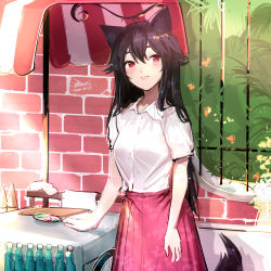 Rule 34 | 1girl, ahoge, animal ears, arms at sides, black hair, blush, breasts, collared shirt, commentary request, dated, ejami, ekko (ejami), fox ears, fox girl, fox tail, hair between eyes, ice cream cone, long hair, long skirt, looking at viewer, medium breasts, original, parted lips, pink skirt, plant, red eyes, shirt, short sleeves, signature, skirt, smile, solo, tail, white shirt