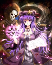 Rule 34 | 1girl, book, breasts, cleavage, coat, crescent, death (entity), dress, feathers, female focus, glowing, grimoire, hat, hat with ears, jewelry, long hair, looking at viewer, magic circle, necklace, open book, open clothes, open coat, patchouli knowledge, pendant, pentagram, purple dress, purple eyes, purple hair, scythe, skull, striped clothes, striped dress, sumapan, touhou, very long hair, wide sleeves