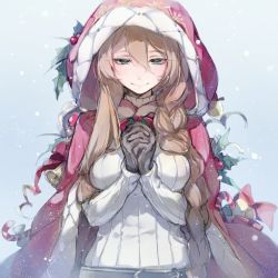 Rule 34 | 1girl, alternate hairstyle, bell, belt, blush, braid, breasts, brown hair, buckle, candy, candy cane, christmas, christmas ornaments, coat, food, fur-trimmed coat, fur trim, girls&#039; frontline, gloves, green eyes, hair between eyes, hair over shoulder, half-closed eyes, hood, hood up, hooded coat, imoko (imonatsuki), large breasts, long hair, long sleeves, looking at viewer, looking down, official alternate costume, own hands together, red coat, ribbed sweater, sidelocks, simple background, smile, snow, snowing, solo, springfield (girls&#039; frontline), springfield (o holy night) (girls&#039; frontline), sweat, sweater, upper body, very long hair, white sweater