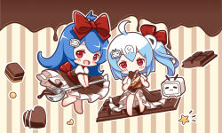 Rule 34 | 2girls, :d, ahoge, bad id, bad pixiv id, barefoot, bili girl 22, bili girl 33, bilibili, blue hair, blush, bow, brown dress, candy, chibi, chocolate, chocolate bar, clouble, dress, closed eyes, food, frilled dress, frills, hair bow, hair ornament, heart, highres, holding, holding food, holding spoon, long hair, multiple girls, open mouth, puffy short sleeves, puffy sleeves, red bow, shirt, short sleeves, side ponytail, sidelocks, sitting, sleeveless, sleeveless dress, smile, spoon, star (symbol), striped, striped background, vertical stripes, very long hair, white shirt