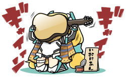 Rule 34 | 1girl, acoustic guitar, angela balzac, bodysuit, chibi, full body, guitar, headgear, holding instrument, instrument, kneeling, long hair, low twintails, motion lines, poncho, rakuen tsuihou, serizawa enono, shadow, sign, simple background, solo, tin can, translation request, twintails, very long hair, white background