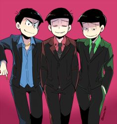 Rule 34 | 10s, 3boys, bad id, bad twitter id, black hair, bowl cut, brothers, chain, cigarette, closed eyes, cowboy shot, formal, gold chain, hand in pocket, hands in pockets, light smile, male focus, matsuno choromatsu, matsuno karamatsu, matsuno osomatsu, mone (14ri0000), multiple boys, osomatsu-kun, osomatsu-san, osomatsu (series), pink background, popped collar, shaded face, siblings, simple background, smirk, suit, twitter username