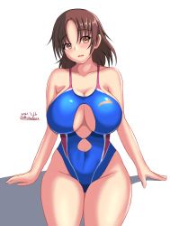 Rule 34 | breasts, brown eyes, brown hair, chiyoda (kancolle), cleavage, competition swimsuit, dated, highres, kantai collection, large breasts, medium hair, montemasa, on floor, one-piece swimsuit, shadow, signature, smile, solo, swimsuit, thighs, underboob, white background