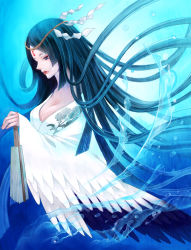 Rule 34 | 1girl, blue background, blue hair, blue theme, breasts, circlet, cleavage, hand fan, fantasy, flower, folding fan, headdress, japanese clothes, large breasts, lipstick, long hair, makeup, original, solo, tamaki mitsune, water, wings, yamadaokutarou