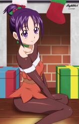 Rule 34 | 1girl, absurdres, alternate hairstyle, artist name, bare shoulders, bodysuit, brick wall, brown bodysuit, choker, christmas, christmas stocking, christmas tree earrings, closed mouth, commentary, dated, dress, earrings, english commentary, fireplace, from side, full body, futari wa precure splash star, gift, green choker, hair bun, hair ornament, hair up, highres, holly hair ornament, indoors, jewelry, long sleeves, looking at viewer, microdress, mishou mai, nightstark, off-shoulder dress, off shoulder, on floor, precure, purple hair, red dress, short hair, sitting, smile, solo, wooden floor, yokozuwari