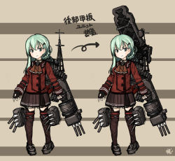 Rule 34 | 10s, 1girl, absurdres, alternate costume, alternate hairstyle, alternate weapon, ascot, asymmetrical hair, black gloves, blazer, brown skirt, fingerless gloves, gloves, green eyes, green hair, hair ornament, hairclip, highres, jacket, kantai collection, looking at viewer, machinery, multiple views, notchi, pleated skirt, school uniform, skirt, suzuya (kancolle), thighhighs, weapon