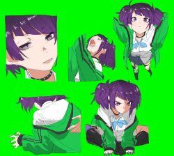 Rule 34 | 1girl, absurdres, boots, breasts, choker, closed eyes, diagonal bangs, expression chart, green background, highres, idolmaster, idolmaster shiny colors, jacket, long hair, looking at viewer, multiple views, off shoulder, ogasawara, open mouth, purple eyes, purple hair, purple nails, school uniform, simple background, tanaka mamimi, tongue, tongue out, twintails