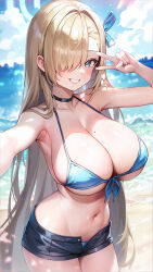 Rule 34 | 1girl, asuna (blue archive), bare arms, bare shoulders, beach, bikini, black choker, black shorts, blue archive, blue bikini, blue eyes, blue halo, blue ribbon, breasts, choker, cleavage, collarbone, cowboy shot, day, front-tie bikini top, front-tie top, grin, hair over one eye, hair ribbon, halo, large breasts, light brown hair, long hair, looking at viewer, mole, mole on breast, navel, ocean, open fly, outdoors, ribbon, short shorts, shorts, smile, solo, swimsuit, v, woodazi